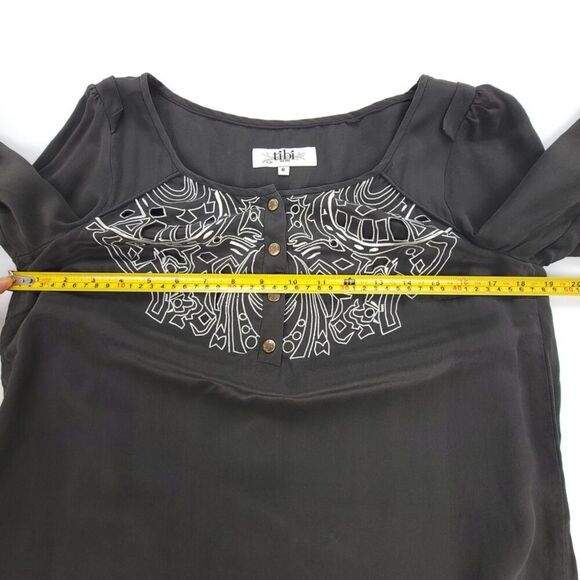 TIBI 100% Silk Boho Embroidered Top Balloon Sleeve Blouse Minimal Boho Gray 6 - Picture 4 of 7